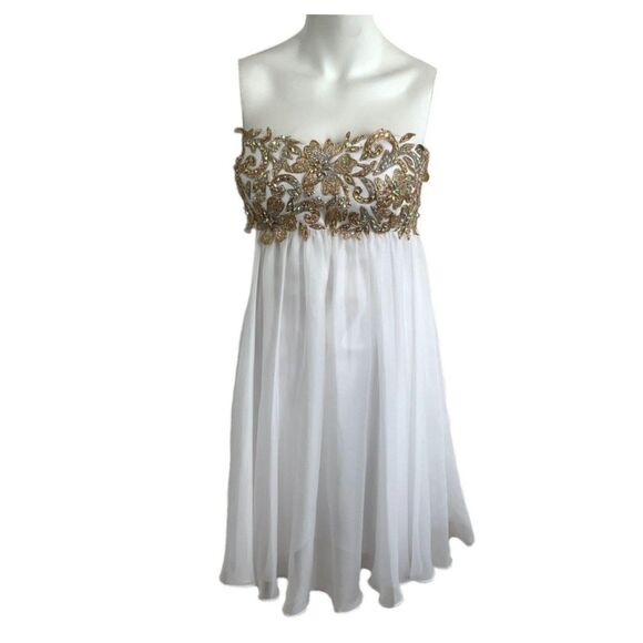 La Femme Hand Painted Bodice Cocktail Beaded Gown Dress White Gold 10